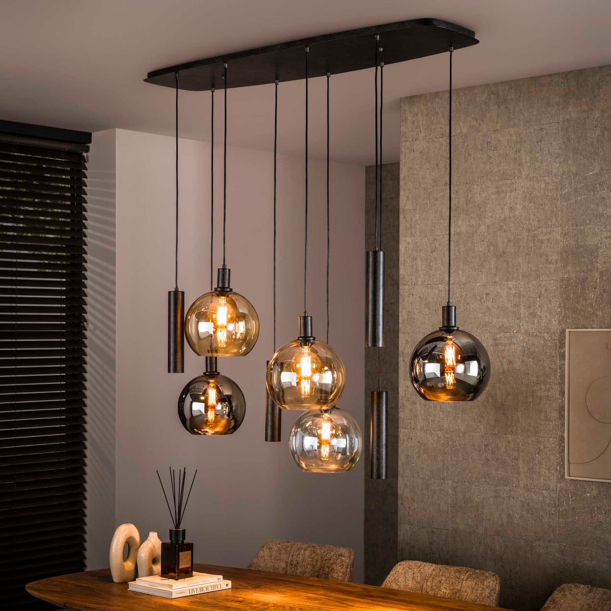Hanglamp 9-lichts gekleurd glas zwart metaal Valeo 110 cm
