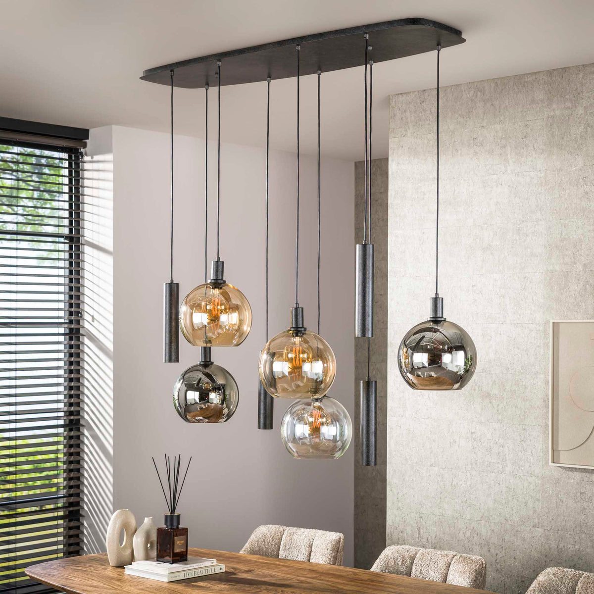 Hanglamp 9-lichts gekleurd glas zwart metaal Valeo 110 cm