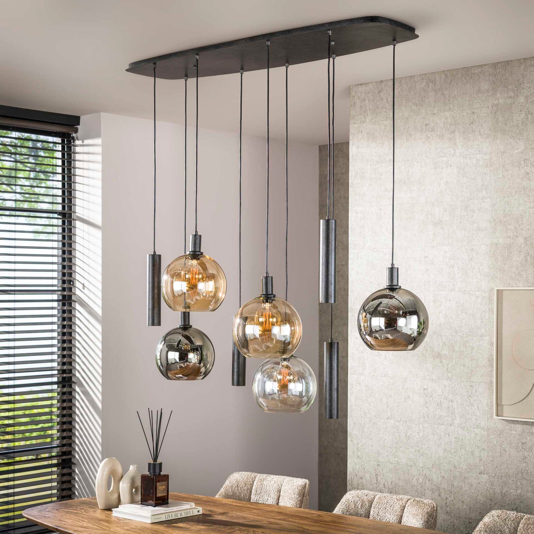 Hanglampen - Hanglamp 9 - lichts gekleurd glas zwart metaal Valeo 110 cm - Dimehouse