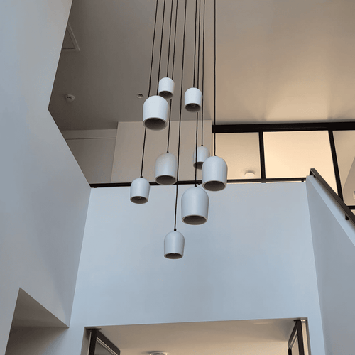 Large 9 Archy Cluster recycled pendant lighting for grand stairwell or entrance - More circular