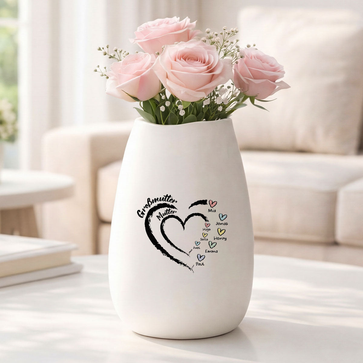 Gepersonaliseerde bloemenvaas met hartjes – cadeau voor oma of mama