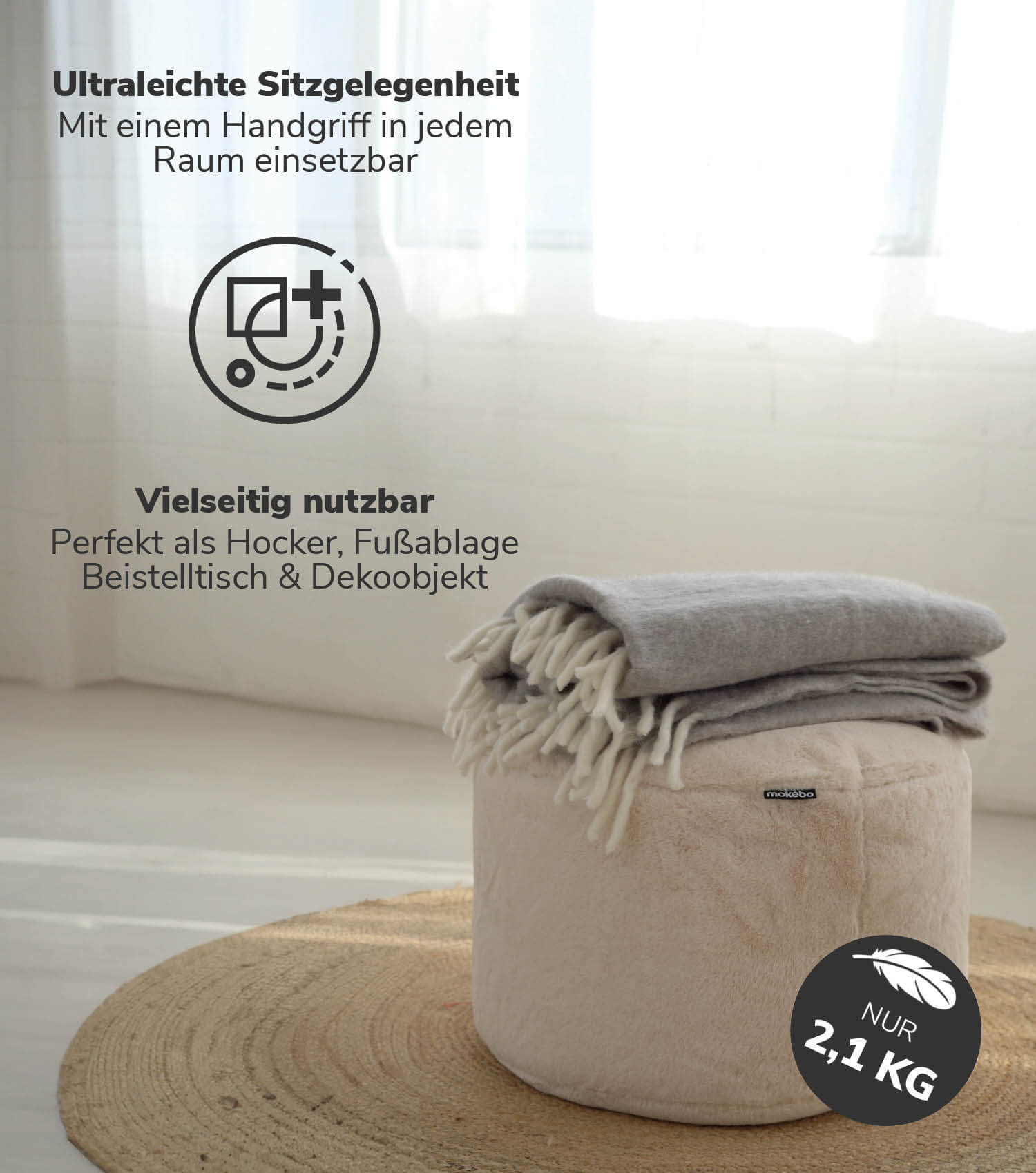 Pouf Hocker Sitzhocker Fußhocker Beistelltisch Sitzpouf Puff Sitzwürfel#sku_PF5Softy-080nat