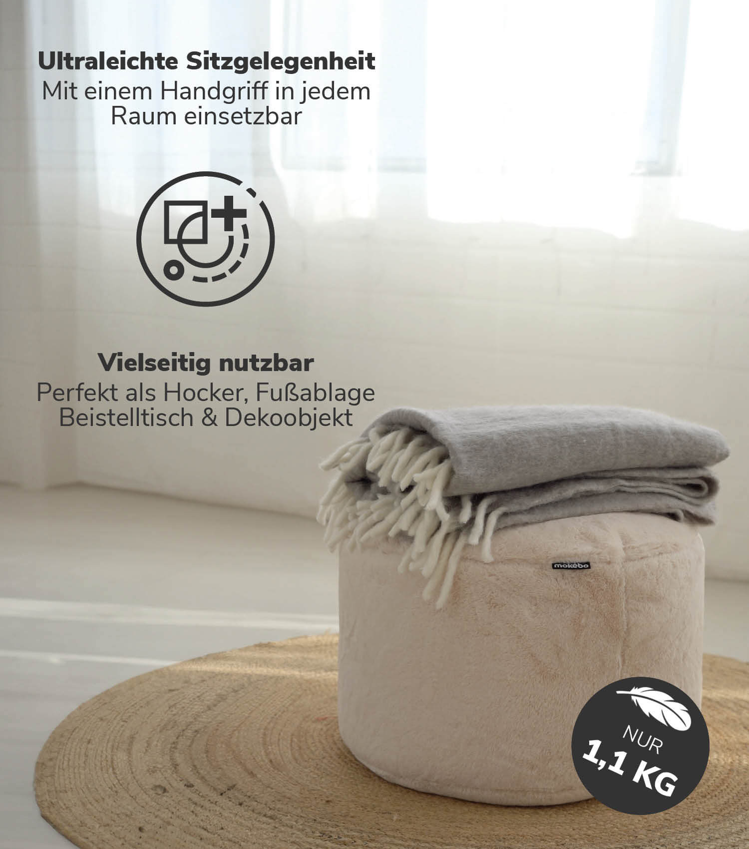Pouf Hocker Sitzhocker Fußhocker Beistelltisch Sitzpouf Puff Sitzwürfel#sku_PF5miniSofty-080nat