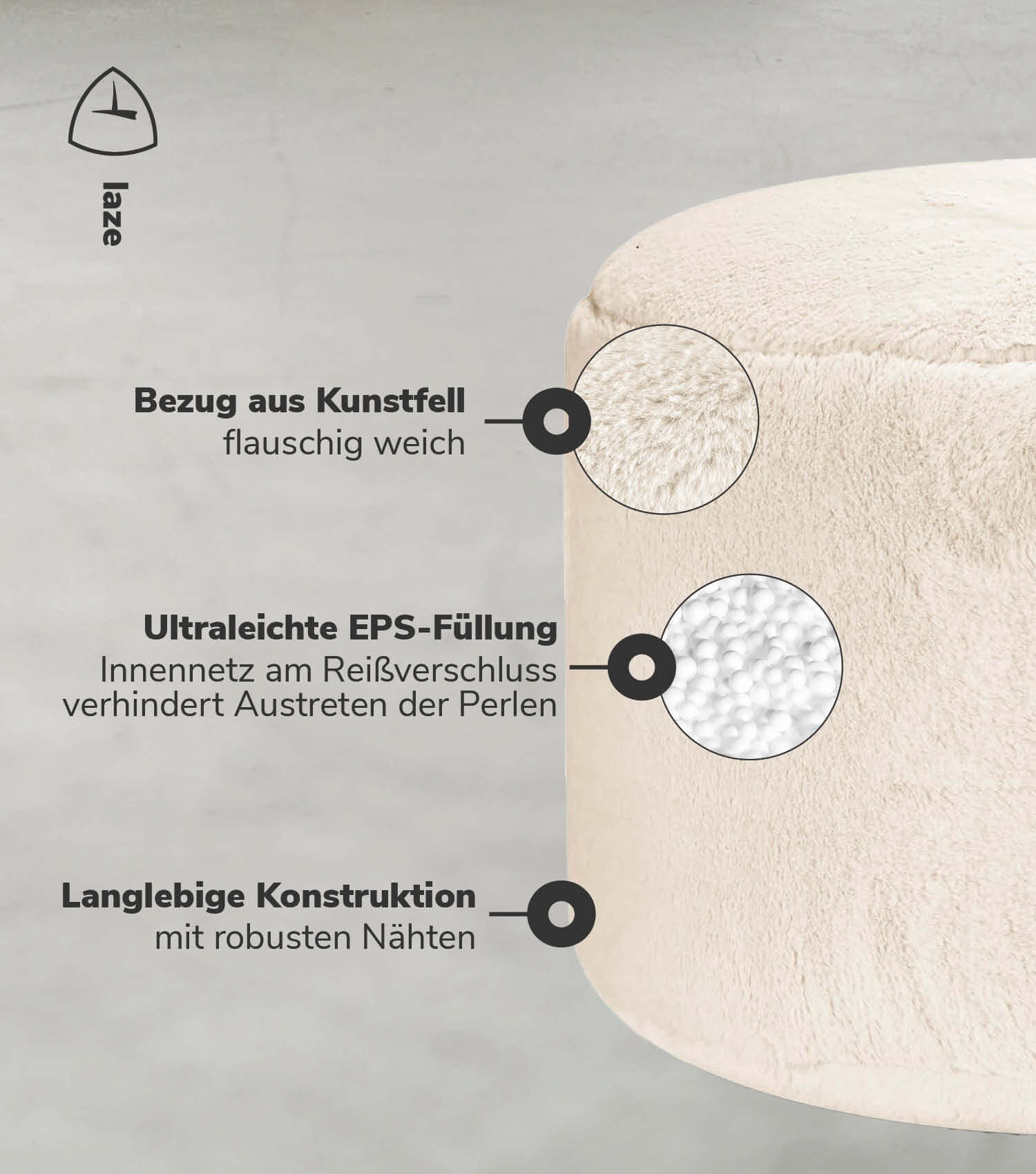 Pouf Hocker Sitzhocker Fußhocker Beistelltisch Sitzpouf Puff Sitzwürfel#sku_PF5Softy-080nat#sku_PF5miniSofty-080nat