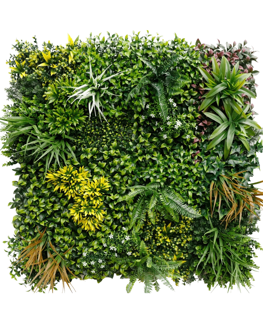 De Kunsthaag Eternity 100x100 cm UV heeft een vierkant paneel van diverse groene planten, waaronder varens, klimop en weelderig gebladerte, waardoor een dichte verticale tuin voor binnen of buiten ontstaat tegen een witte achtergrond.